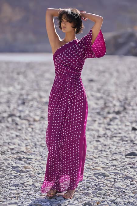 Shop_Dash And Dot_Purple Viscose One Shoulder Single Sleeve Bandhani Dress _Online_at_Aza_Fashions