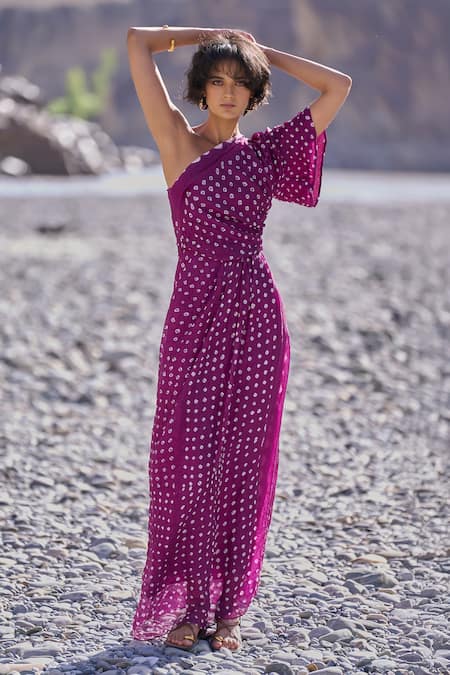 Dash And Dot_Purple Viscose One Shoulder Single Sleeve Bandhani Dress _at_Aza_Fashions