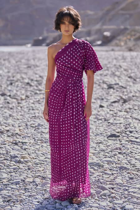 Dash And Dot Purple Viscose One Shoulder Single Sleeve Bandhani Dress 