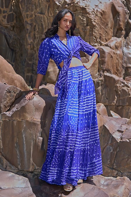 Shop Dash And Dot Blue Viscose Mirrors V-neck Bandhani Top And Sharara Set at Aza Fashions Shop_Dash And Dot_Blue Viscose Mirrors V-neck Bandhani Top And Sharara Set _at_Aza_Fashions
