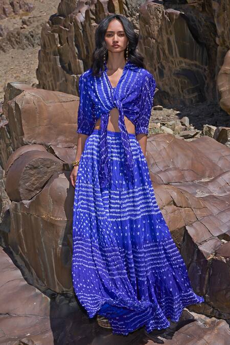 Shop Dash And Dot Blue Viscose Mirrors V-neck Bandhani Top And Sharara Set Online at Aza Fashions Shop_Dash And Dot_Blue Viscose Mirrors V-neck Bandhani Top And Sharara Set _Online_at_Aza_Fashions