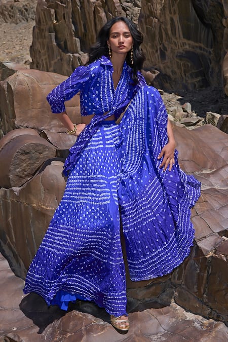 Buy Dash And Dot Blue Viscose Mirrors V-neck Bandhani Top And Sharara Set Buy_Dash And Dot_Blue Viscose Mirrors V-neck Bandhani Top And Sharara Set
