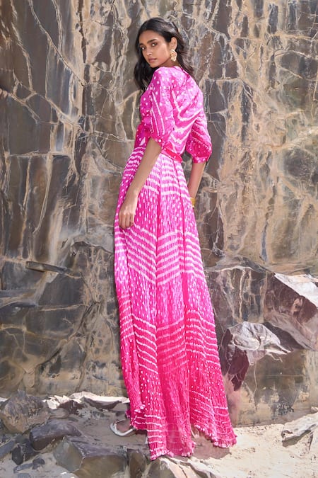 Dash And Dot Fuchsia Bandhani Top & Flared Skirt 