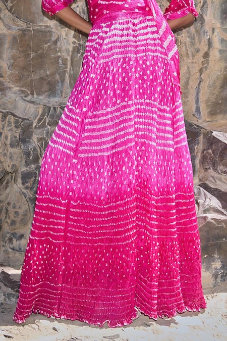 Dash And Dot_Fuchsia Viscose V-neck Bandhani Top And Flared Skirt _Online_at_Aza_Fashions