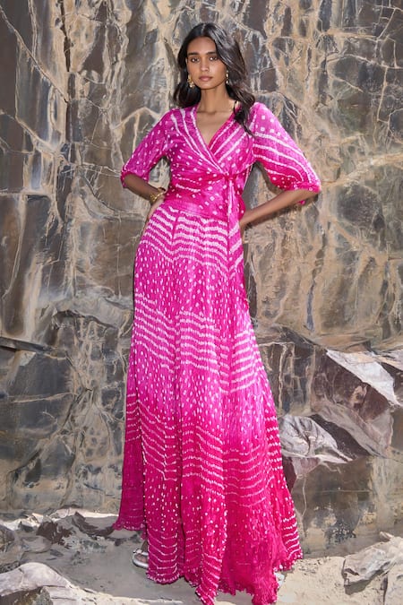 Shop_Dash And Dot_Fuchsia Viscose V-neck Bandhani Top And Flared Skirt _Online_at_Aza_Fashions