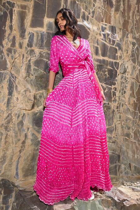 Dash And Dot_Fuchsia Viscose V-neck Bandhani Top And Flared Skirt _at_Aza_Fashions