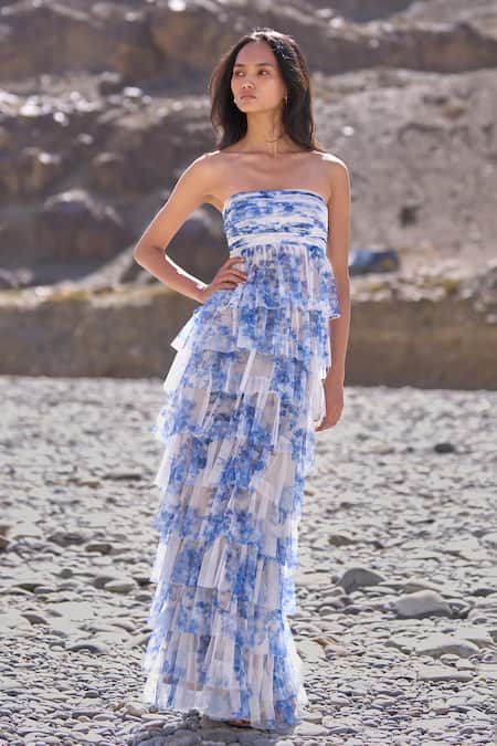 Dash And Dot Multi Color Polyester Off-shoulder Cascading Ceramic Print Maxi Dress 