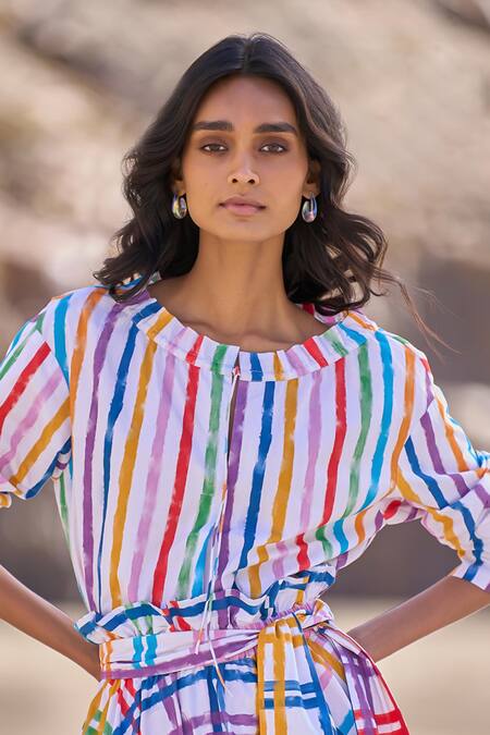 Dash And Dot Multi Color Cotton Round Neck Check And Stripe Skirt Set Online at Aza Fashions Dash And Dot_Multi Color Cotton Round Neck Check And Stripe Skirt Set _Online_at_Aza_Fashions