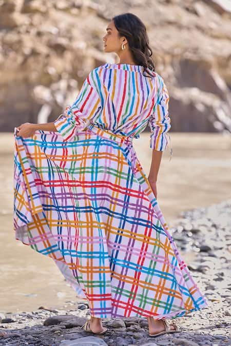 Shop Dash And Dot Multi Color Cotton Round Neck Check And Stripe Skirt Set at Aza Fashions Shop_Dash And Dot_Multi Color Cotton Round Neck Check And Stripe Skirt Set _at_Aza_Fashions