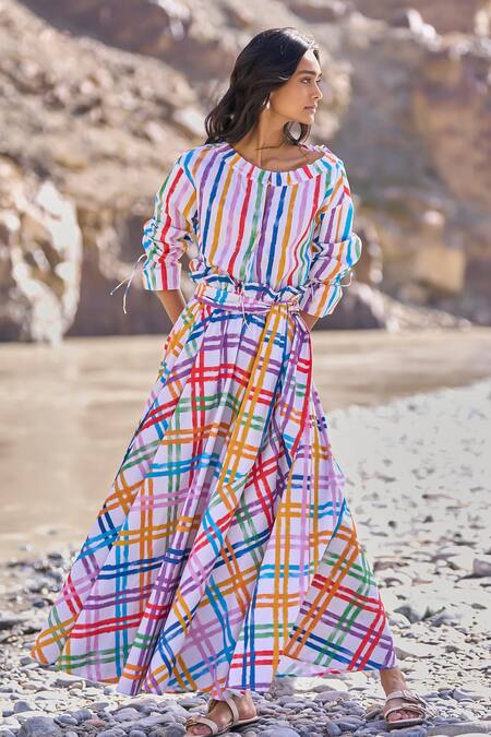 Buy Dash And Dot Multi Color Cotton Round Neck Check And Stripe Skirt Set Online at Aza Fashions Buy_Dash And Dot_Multi Color Cotton Round Neck Check And Stripe Skirt Set _Online_at_Aza_Fashions