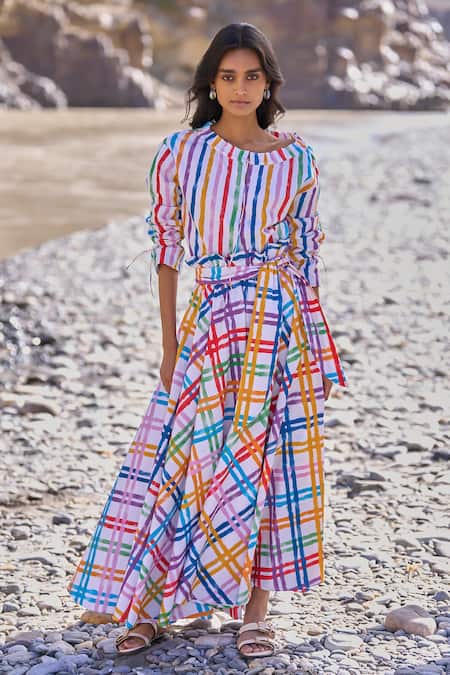 Dash And Dot Multi Color Cotton Round Neck Check And Stripe Skirt Set
