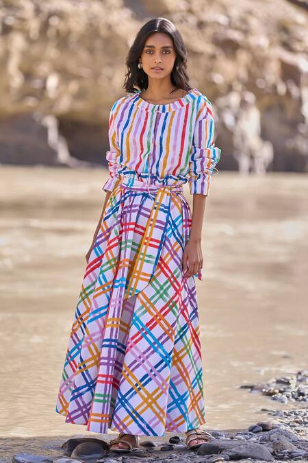 Shop Dash And Dot Multi Color Cotton Round Neck Check And Stripe Skirt Set Online at Aza Fashions Shop_Dash And Dot_Multi Color Cotton Round Neck Check And Stripe Skirt Set _Online_at_Aza_Fashions