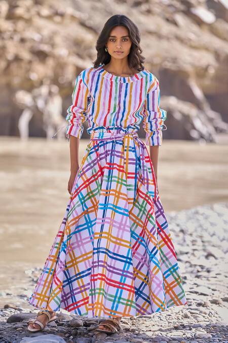 Dash And Dot Multi Color Cotton Round Neck Check And Stripe Skirt Set at Aza Fashions Dash And Dot_Multi Color Cotton Round Neck Check And Stripe Skirt Set _at_Aza_Fashions