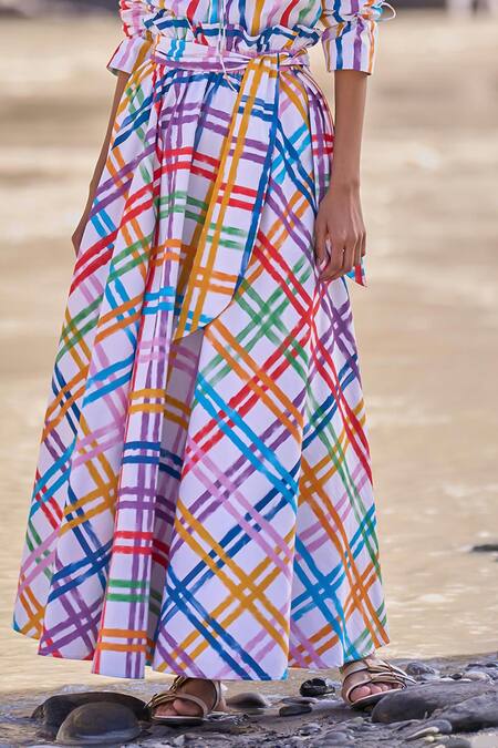 Buy Dash And Dot Multi Color Cotton Round Neck Check And Stripe Skirt Set Buy_Dash And Dot_Multi Color Cotton Round Neck Check And Stripe Skirt Set