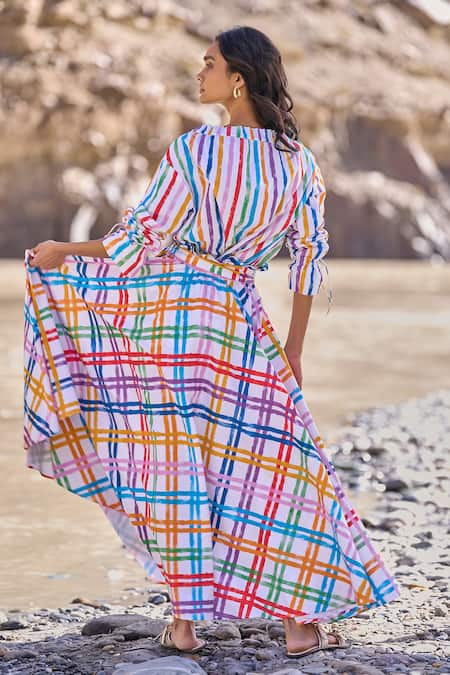 Shop Dash And Dot Multi Color Cotton Multi-checked Maxi Skirt at Aza Fashions Shop_Dash And Dot_Multi Color Cotton Multi-checked Maxi Skirt _at_Aza_Fashions