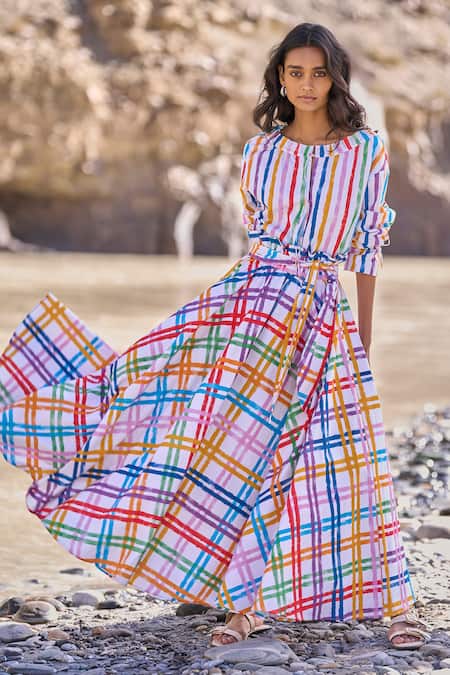 Dash And Dot Multi Color Cotton Multi-checked Maxi Skirt 