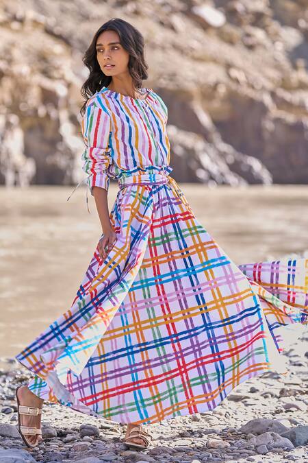 Dash And Dot Multi Color Cotton Multi-checked Maxi Skirt Online at Aza Fashions Dash And Dot_Multi Color Cotton Multi-checked Maxi Skirt _Online_at_Aza_Fashions