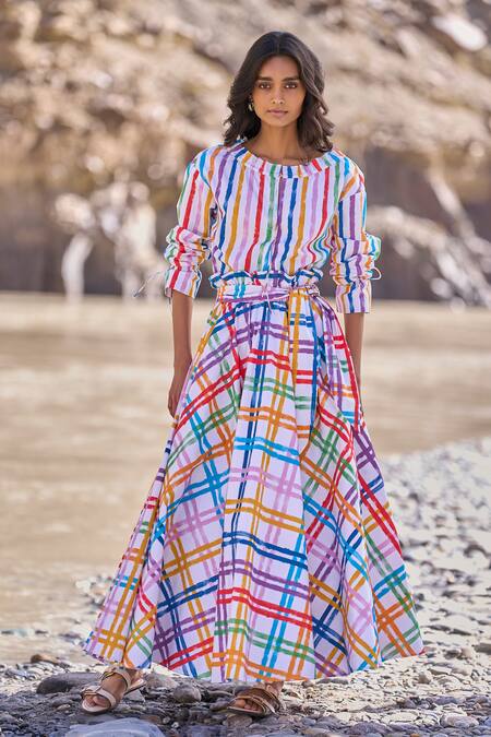 Shop Dash And Dot Multi Color Cotton Multi-checked Maxi Skirt Online at Aza Fashions Shop_Dash And Dot_Multi Color Cotton Multi-checked Maxi Skirt _Online_at_Aza_Fashions