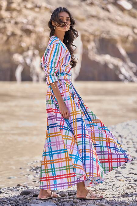 Dash And Dot Multi Color Cotton Multi-checked Maxi Skirt at Aza Fashions Dash And Dot_Multi Color Cotton Multi-checked Maxi Skirt _at_Aza_Fashions