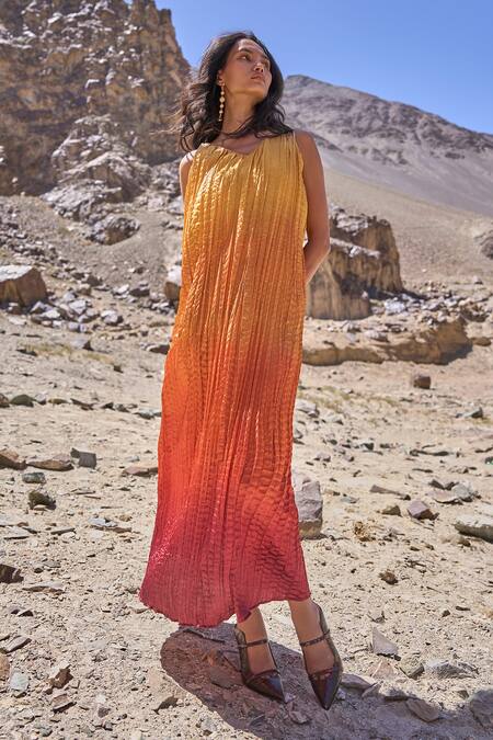 Dash And Dot_Multi Color Polyester Scoop Neck Sunset Ombre Midi Dress _at_Aza_Fashions