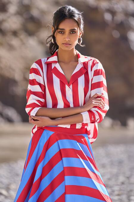 Dash And Dot Red Polyester Collared Striped Maxi Skirt Set Online at Aza Fashions Dash And Dot_Red Polyester Collared Striped Maxi Skirt Set _Online_at_Aza_Fashions