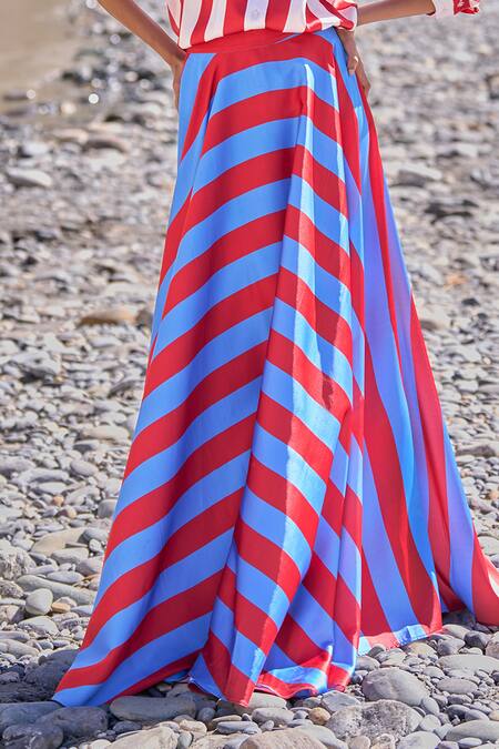 Shop Dash And Dot Red Polyester Collared Striped Maxi Skirt Set Online at Aza Fashions Shop_Dash And Dot_Red Polyester Collared Striped Maxi Skirt Set _Online_at_Aza_Fashions