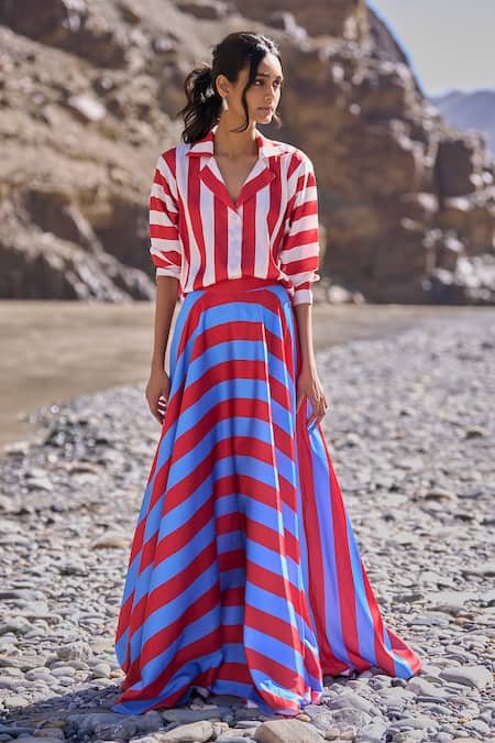 Shop Dash And Dot Red Polyester Collared Striped Maxi Skirt Set at Aza Fashions Shop_Dash And Dot_Red Polyester Collared Striped Maxi Skirt Set _at_Aza_Fashions