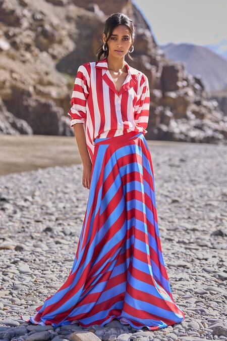 Dash And Dot Red Polyester Collared Striped Maxi Skirt Set at Aza Fashions Dash And Dot_Red Polyester Collared Striped Maxi Skirt Set _at_Aza_Fashions