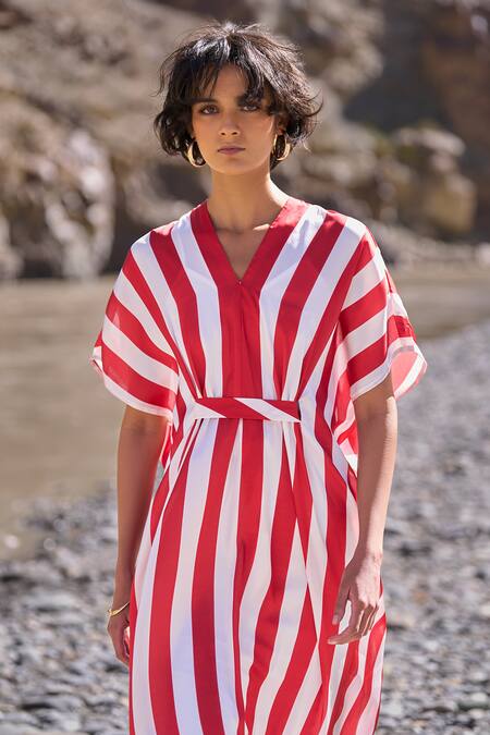 Dash And Dot Red Polyester V-neck Striped Kaftan Dress Online at Aza Fashions Dash And Dot_Red Polyester V-neck Striped Kaftan Dress _Online_at_Aza_Fashions