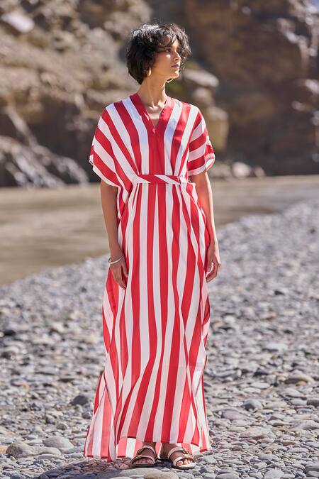 Buy Dash And Dot Red Polyester V-neck Striped Kaftan Dress Online at Aza Fashions Buy_Dash And Dot_Red Polyester V-neck Striped Kaftan Dress _Online_at_Aza_Fashions