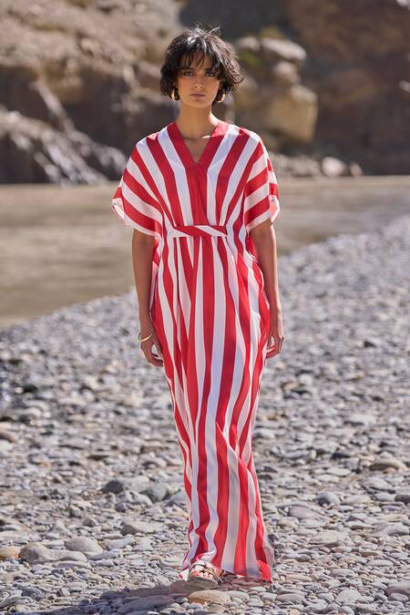 Dash And Dot Red Polyester V-neck Striped Kaftan Dress at Aza Fashions Dash And Dot_Red Polyester V-neck Striped Kaftan Dress _at_Aza_Fashions
