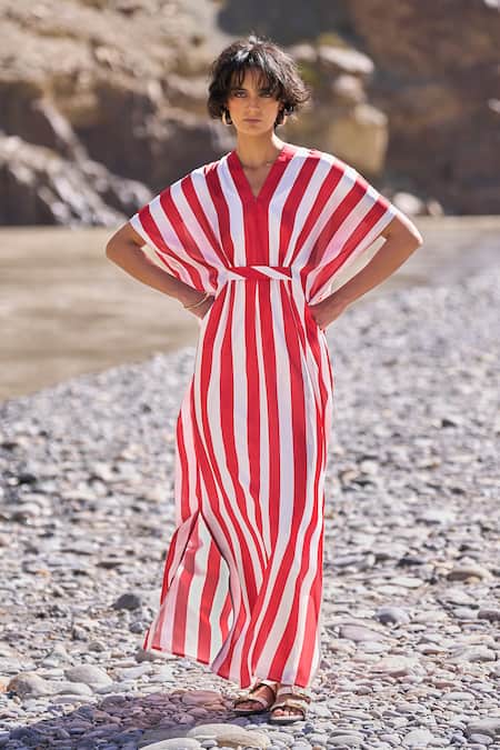 Dash And Dot Red Polyester V-neck Striped Kaftan Dress 