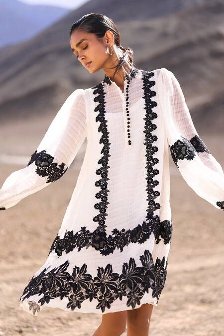 Dash And Dot Ivory Tencel, Nylon Lace Mandarin Collar Textured Midi Dress Online at Aza Fashions Dash And Dot_Ivory Tencel, Nylon Lace Mandarin Collar Textured Midi Dress _Online_at_Aza_Fashions