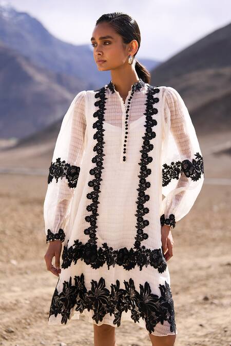 Buy Dash And Dot Ivory Tencel, Nylon Lace Mandarin Collar Textured Midi Dress Online at Aza Fashions Buy_Dash And Dot_Ivory Tencel, Nylon Lace Mandarin Collar Textured Midi Dress _Online_at_Aza_Fashions