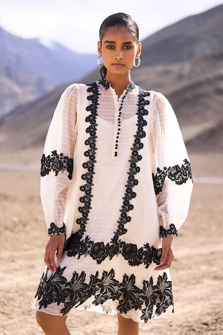 Shop Dash And Dot Ivory Tencel, Nylon Lace Mandarin Collar Textured Midi Dress Online at Aza Fashions Shop_Dash And Dot_Ivory Tencel, Nylon Lace Mandarin Collar Textured Midi Dress _Online_at_Aza_Fashions