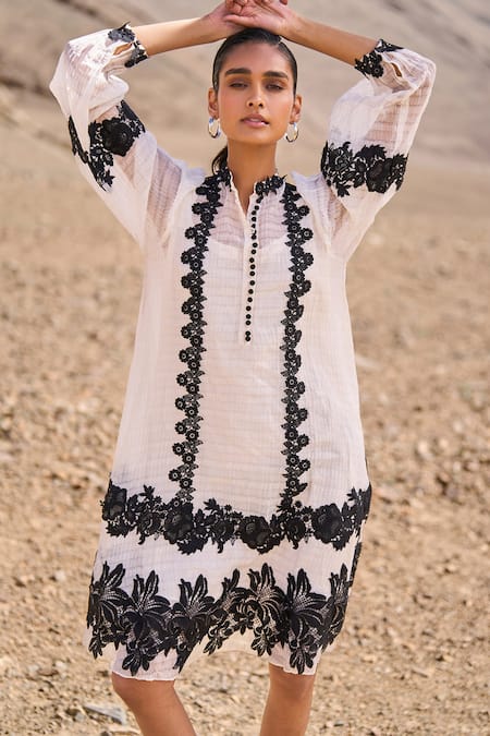 Shop Dash And Dot Ivory Tencel, Nylon Lace Mandarin Collar Textured Midi Dress at Aza Fashions Shop_Dash And Dot_Ivory Tencel, Nylon Lace Mandarin Collar Textured Midi Dress _at_Aza_Fashions