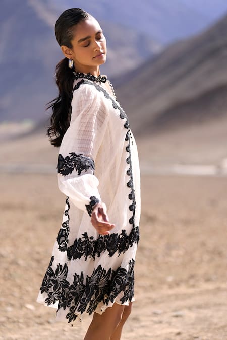 Dash And Dot Ivory Tencel, Nylon Lace Mandarin Collar Textured Midi Dress at Aza Fashions Dash And Dot_Ivory Tencel, Nylon Lace Mandarin Collar Textured Midi Dress _at_Aza_Fashions