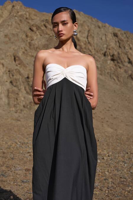 Dash And Dot Black Polyester Off-shoulder Color Blocked Draped Maxi Dress Online at Aza Fashions Dash And Dot_Black Polyester Off-shoulder Color Blocked Draped Maxi Dress _Online_at_Aza_Fashions