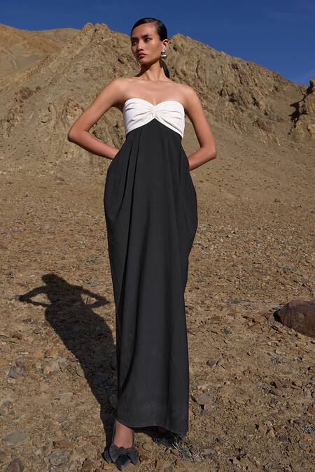 Buy Dash And Dot Black Polyester Off-shoulder Color Blocked Draped Maxi Dress Online at Aza Fashions Buy_Dash And Dot_Black Polyester Off-shoulder Color Blocked Draped Maxi Dress _Online_at_Aza_Fashions