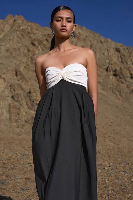 Shop Dash And Dot Black Polyester Off-shoulder Color Blocked Draped Maxi Dress Online at Aza Fashions Shop_Dash And Dot_Black Polyester Off-shoulder Color Blocked Draped Maxi Dress _Online_at_Aza_Fashions