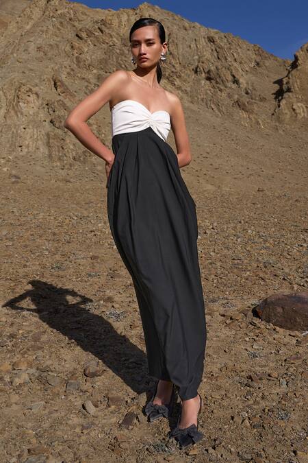 Dash And Dot Black Polyester Off-shoulder Color Blocked Draped Maxi Dress at Aza Fashions Dash And Dot_Black Polyester Off-shoulder Color Blocked Draped Maxi Dress _at_Aza_Fashions