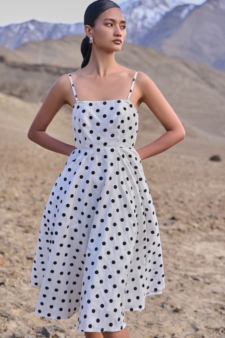 Dash And Dot White Polyester Square Neck Polka Dot Flared Dress Online at Aza Fashions Dash And Dot_White Polyester Square Neck Polka Dot Flared Dress _Online_at_Aza_Fashions
