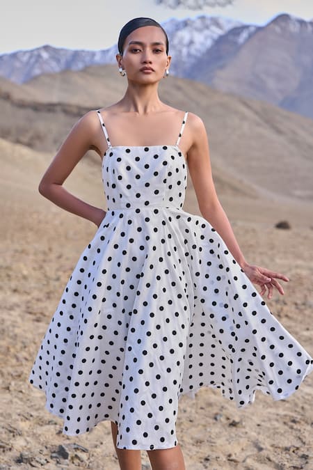 Buy Dash And Dot White Polyester Square Neck Polka Dot Flared Dress Online at Aza Fashions Buy_Dash And Dot_White Polyester Square Neck Polka Dot Flared Dress _Online_at_Aza_Fashions