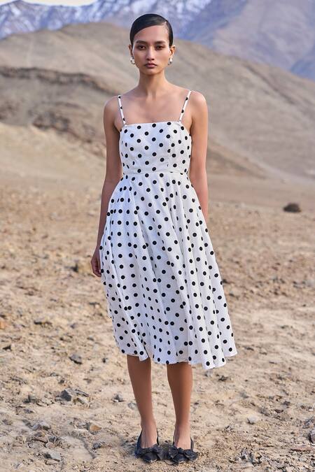 Shop Dash And Dot White Polyester Square Neck Polka Dot Flared Dress Online at Aza Fashions Shop_Dash And Dot_White Polyester Square Neck Polka Dot Flared Dress _Online_at_Aza_Fashions