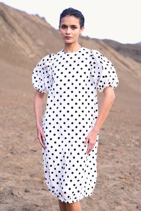 Dash And Dot White Polyester Round Neck Crushed Polka Dot Dress Online at Aza Fashions Dash And Dot_White Polyester Round Neck Crushed Polka Dot Dress _Online_at_Aza_Fashions