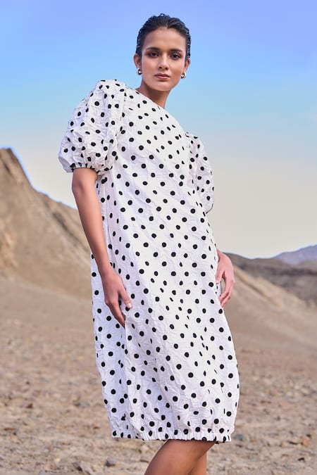Buy Dash And Dot White Polyester Round Neck Crushed Polka Dot Dress Online at Aza Fashions Buy_Dash And Dot_White Polyester Round Neck Crushed Polka Dot Dress _Online_at_Aza_Fashions