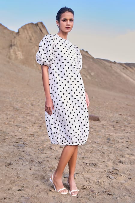 Shop Dash And Dot White Polyester Round Neck Crushed Polka Dot Dress Online at Aza Fashions Shop_Dash And Dot_White Polyester Round Neck Crushed Polka Dot Dress _Online_at_Aza_Fashions