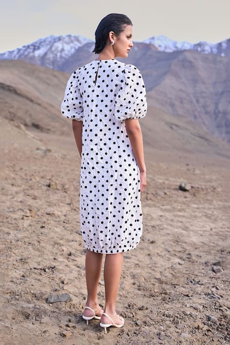 Shop Dash And Dot White Polyester Round Neck Crushed Polka Dot Dress at Aza Fashions Shop_Dash And Dot_White Polyester Round Neck Crushed Polka Dot Dress _at_Aza_Fashions