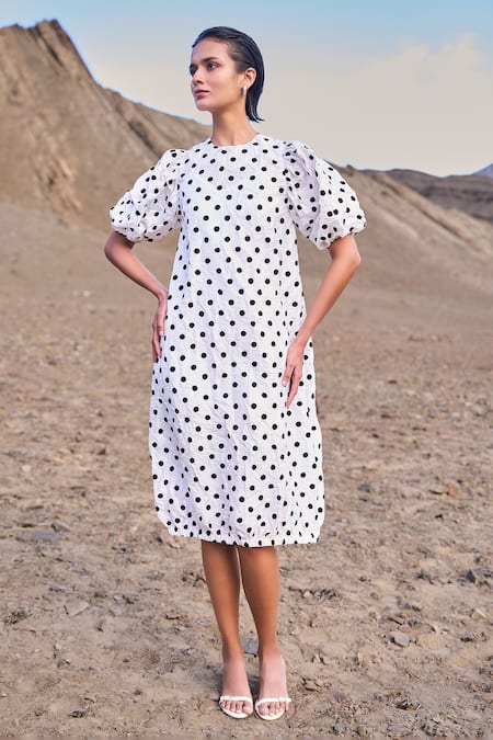 Dash And Dot White Polyester Round Neck Crushed Polka Dot Dress 