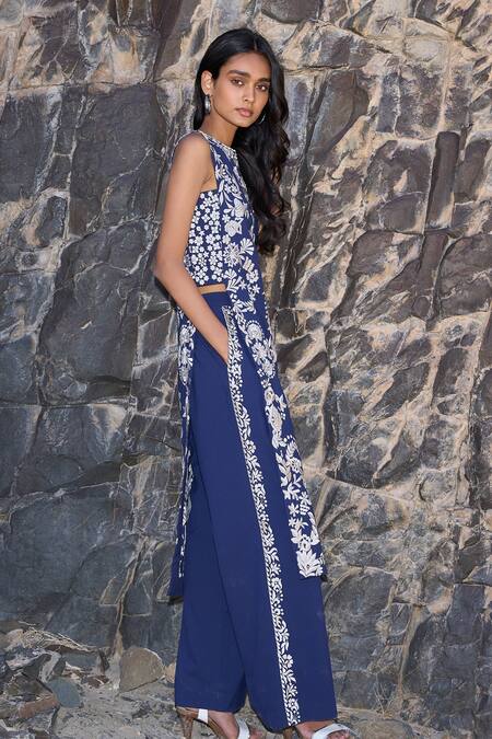 Dash And Dot Navy Polyester, Viscose Embroidery Round Neck Tabard Tunic Online at Aza Fashions Dash And Dot_Navy Polyester, Viscose Embroidery Round Neck Tabard Tunic _Online_at_Aza_Fashions